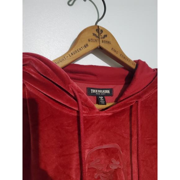 True Religion Mens Red Crushed Velour Budda Hoodie Size M Streetwear Hipster - Picture 6 of 11